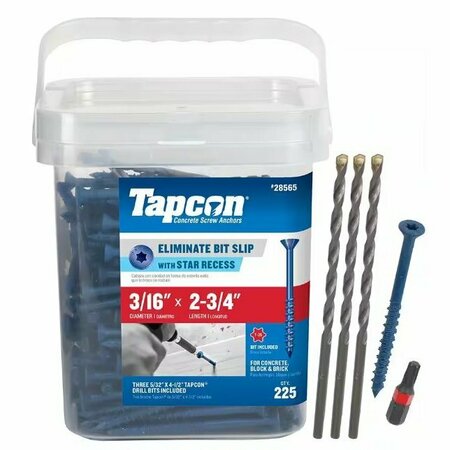 TAPCON 3/16-inch x 2-3/4-inch Climaseal Blue Flat Head T25 Concrete Screw Anchors With Drill Bit, 225PK 24565T25